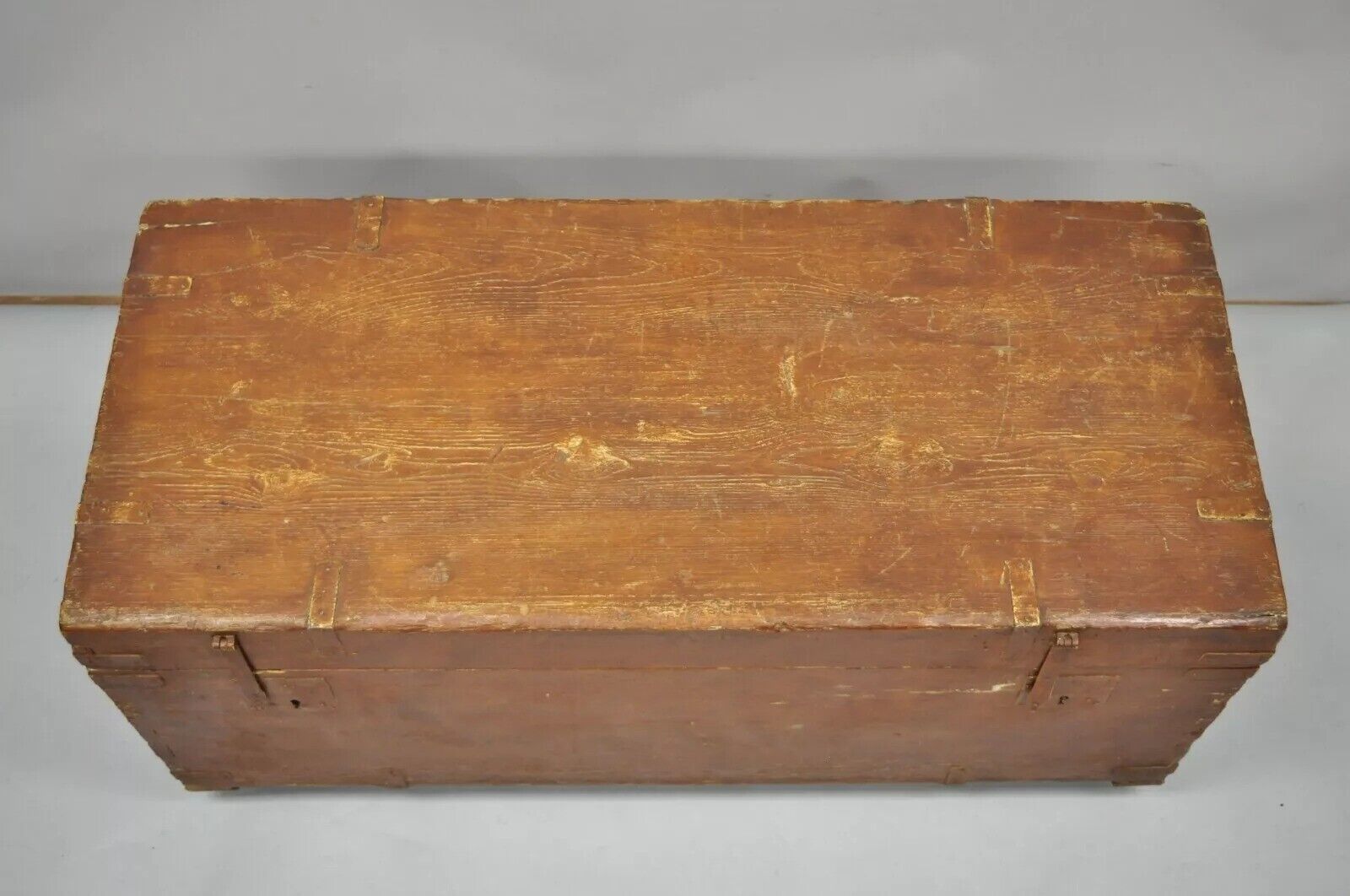 19th C Antique Brown Distress Painted Pine Wood Dovetailed Blanket Chest Trunk