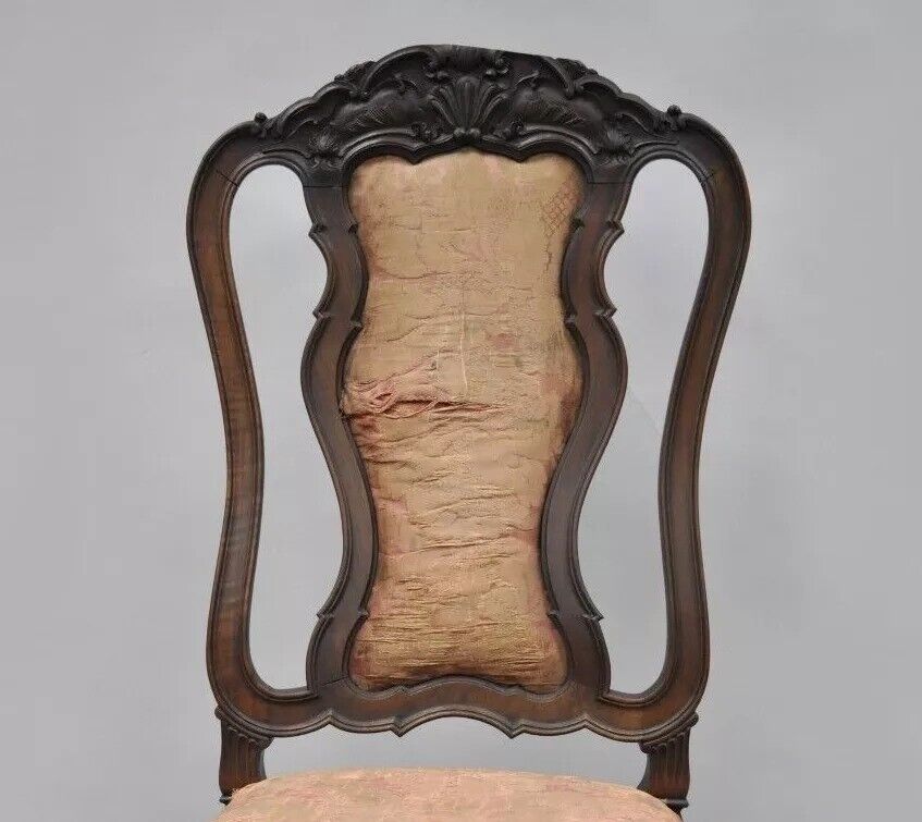 Antique Italian Baroque Carved Walnut Dining Chair French Style w/ Finished Back