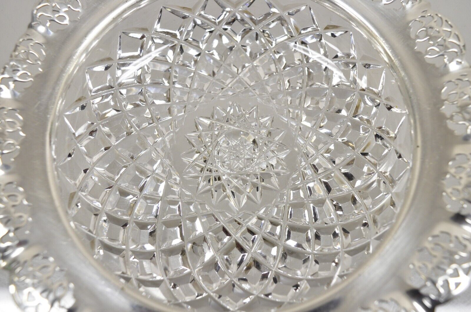 Antique English Victorian Cut Crystal Silver Plated Gallery Ashtray Trinket Dish
