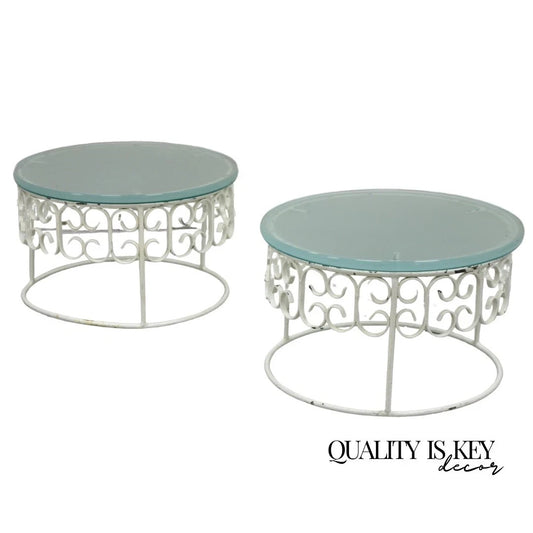 Vintage Arthur Umanoff Wrought Iron Scroll Low Round Glass Top Side Table - Pair