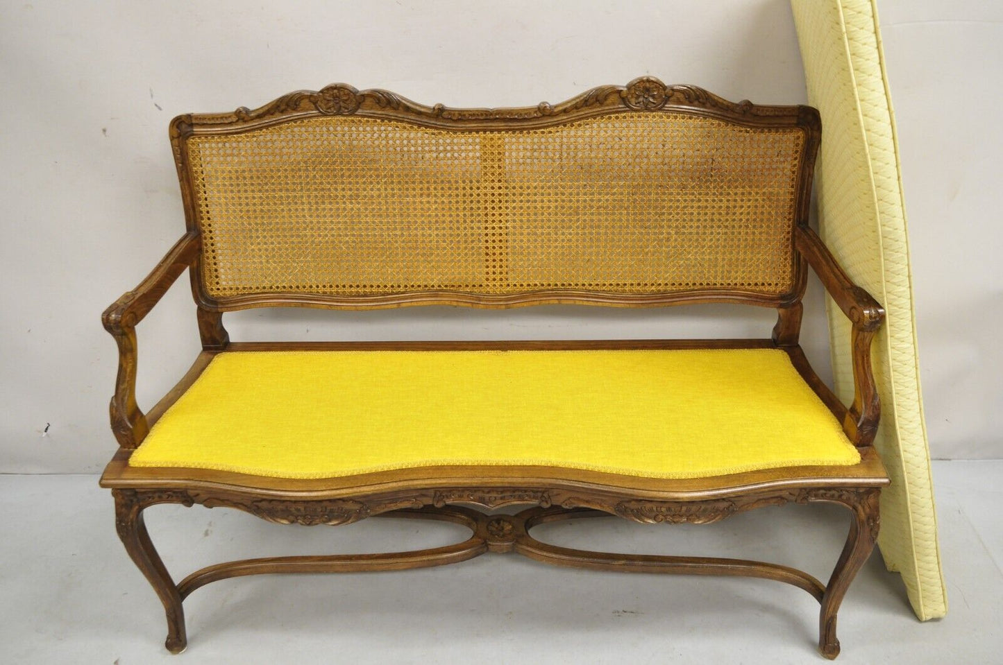 Vintage French Country Provincial Louis XV Style Carved Wood Cane Bench Settee