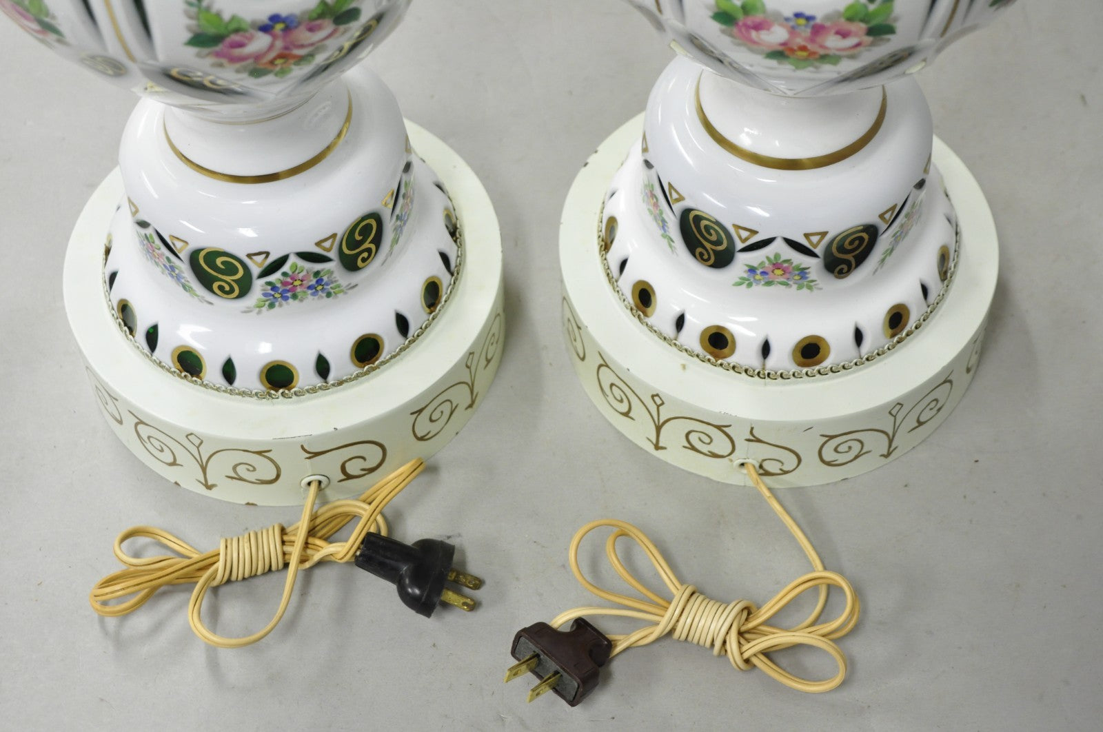 Antique Bohemian Czech Glass Green and White Flower Painted Table Lamps - a Pair