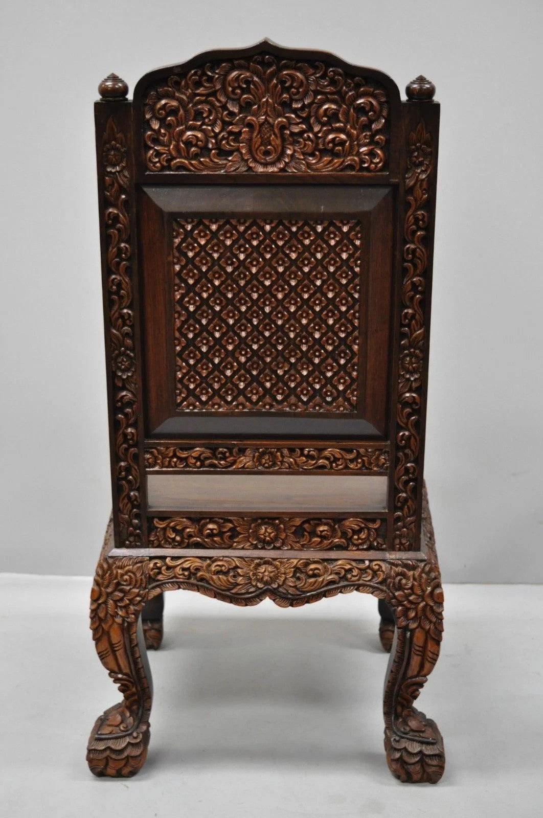 Vintage Chinoiserie Thai Oriental Carved Teak Wood Dining Side Chairs - a Pair