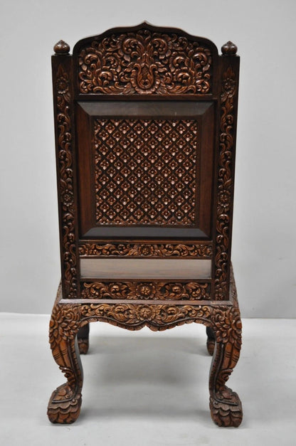 Vintage Chinoiserie Thai Oriental Carved Teak Wood Dining Side Chairs - a Pair