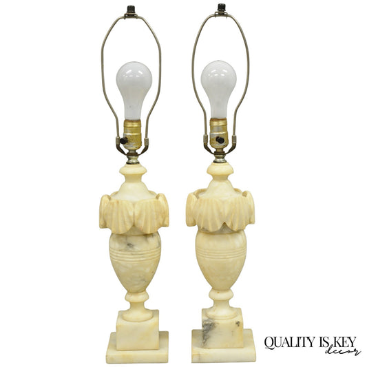 Antique Italian Neoclassical Style Carved Marble Shell Urn Table Lamps - a Pair