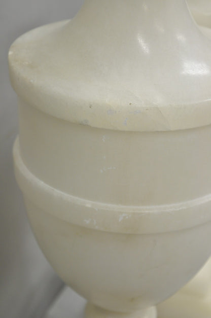 Italian Neoclassical Large Carved Solid Alabaster Marble Urn Table Lamps - Pair