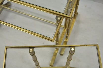 Mastercraft Hollywood Regency Brass Faux Bamboo Glass Top Nesting Side Tables
