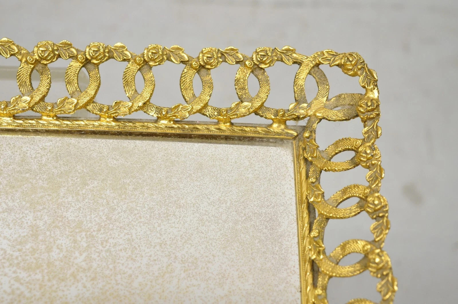 Vintage French Gold Filigree Vanity Set Perfume Clock Jewelry Box & Tray - 5 Pcs