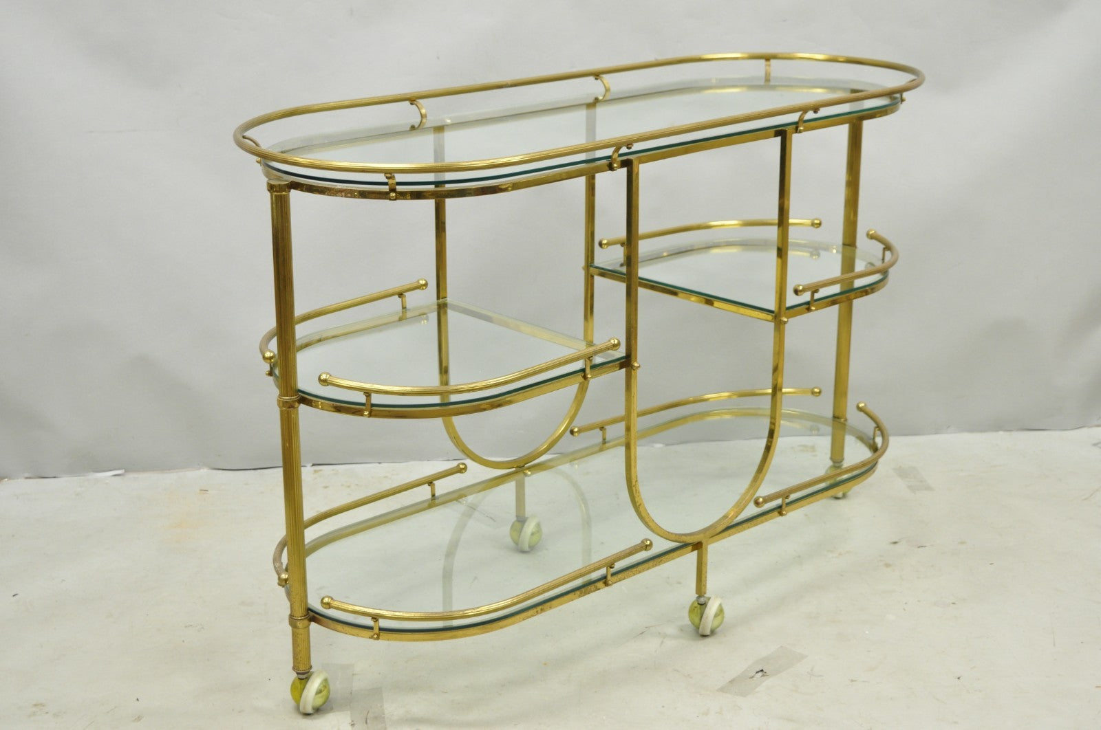 Vintage Mid Century Modern Brass 3 Tier Oval Frame Rolling Bar Cart Server Table