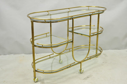 Vintage Mid Century Modern Brass 3 Tier Oval Frame Rolling Bar Cart Server Table