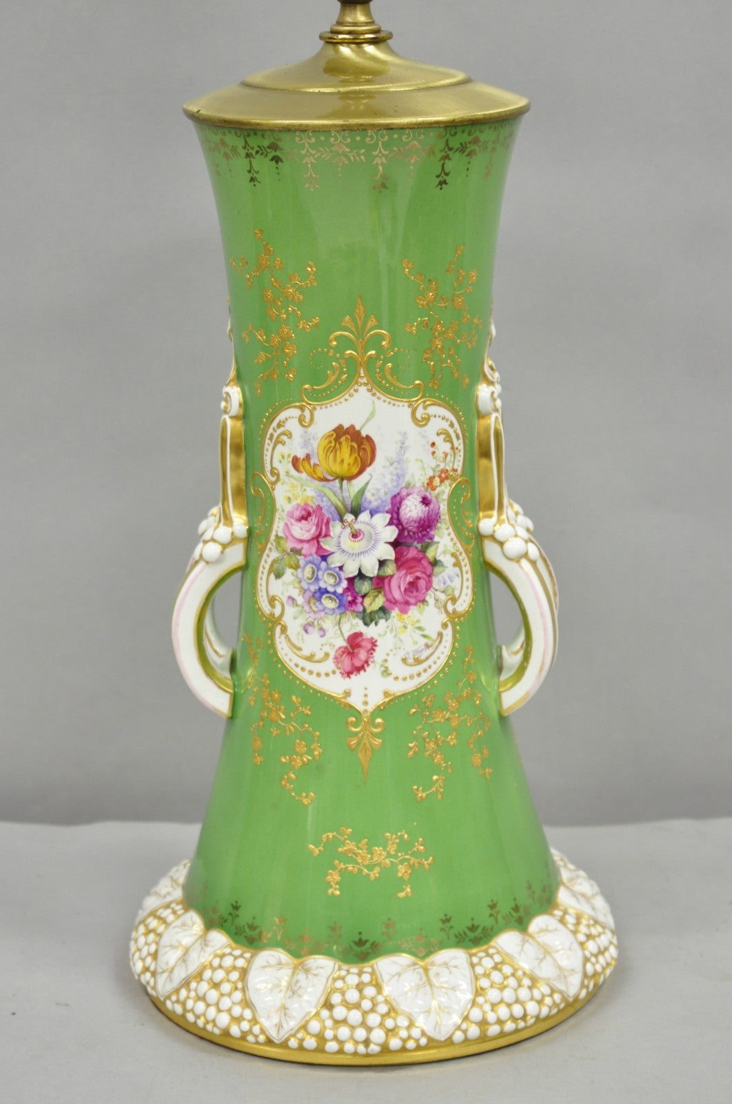 Antique Victorian Green Austrian Porcelain Hand Painted Flower French Table Lamp