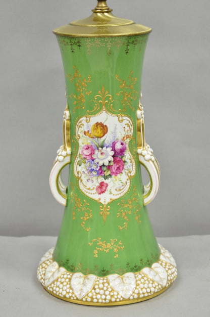 Antique Victorian Green Austrian Porcelain Hand Painted Flower French Table Lamp