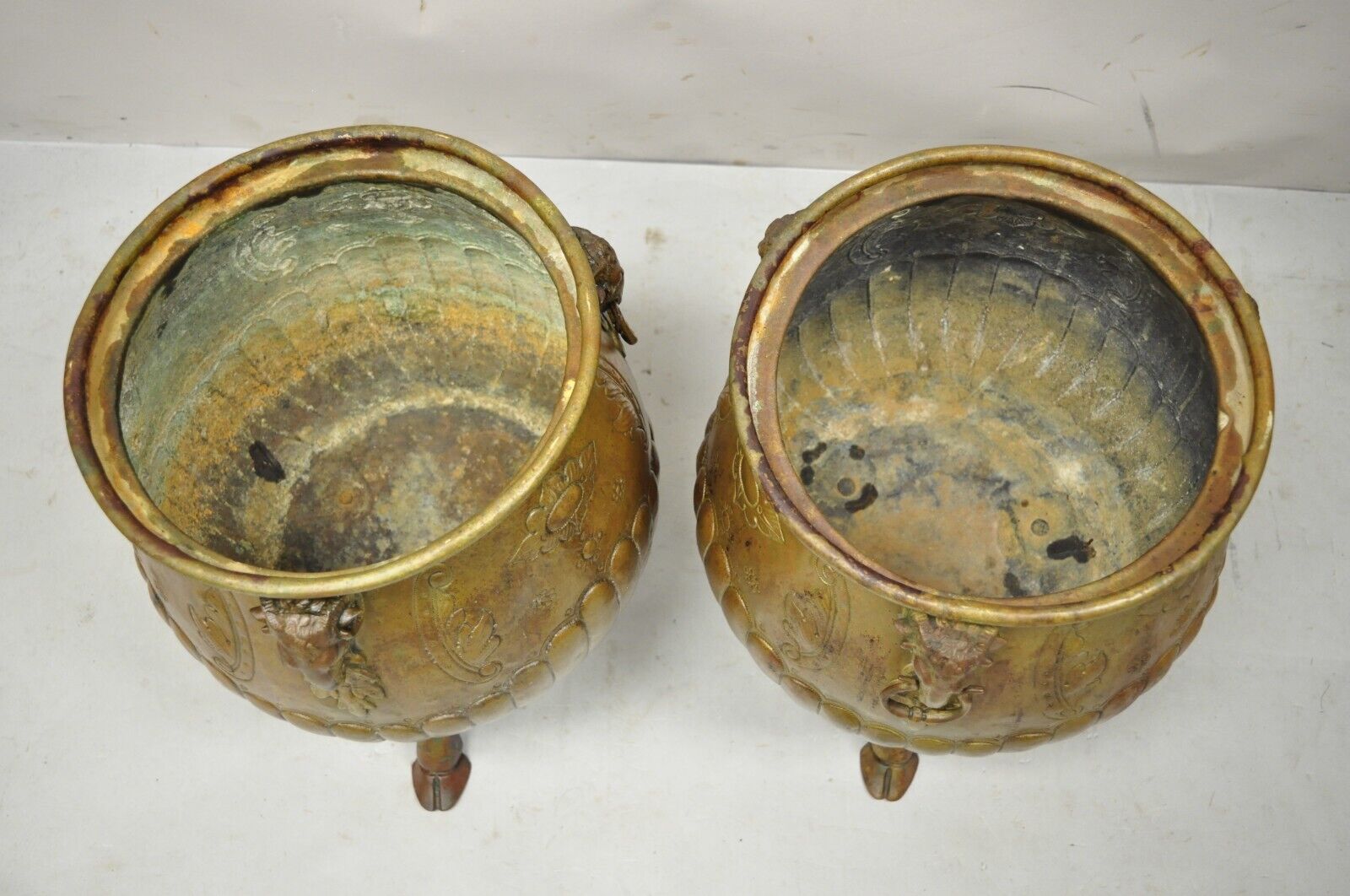 Antique French Regency Neoclassical Rams Head Copper Planter Pot - a Pair