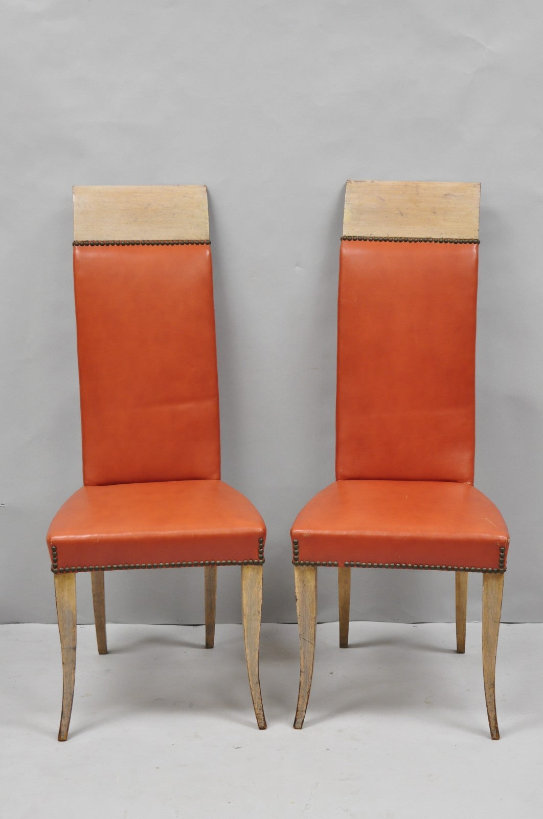 Vintage French Art Deco Gio Ponti Style High Back Pickled Wash Side Chair - Pair