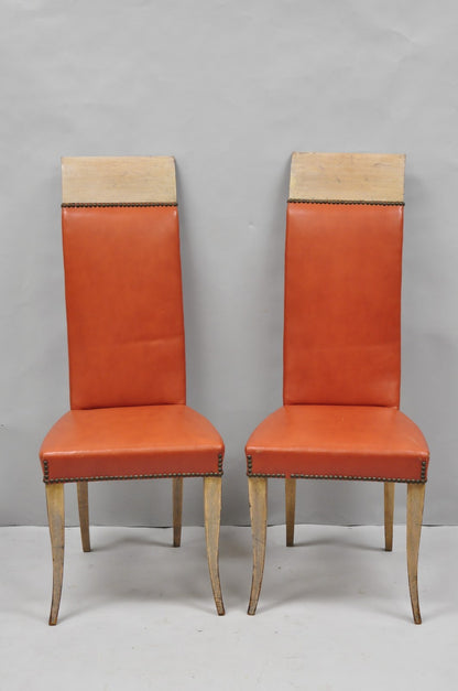 Vintage French Art Deco Gio Ponti Style High Back Pickled Wash Side Chair - Pair