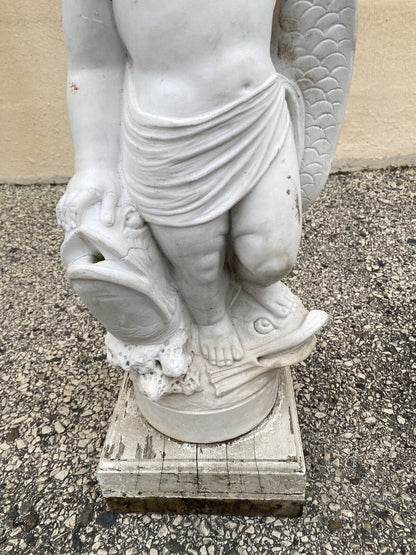 Italian Classical Carved Marble 31" Cherub Dolphin Garden Fountain Statue