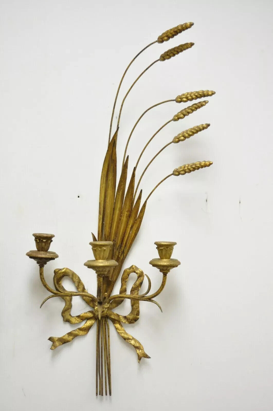 Italian Hollywood Regency Gold Iron Sheaf of Wheat Candle Wall Sconces - a Pair