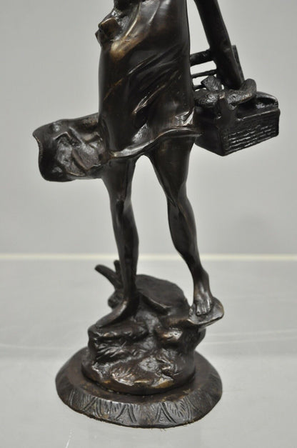 Bronze Sculpture Woman w/ Birds & Basket 15" Statue Figure After Emile Guillemin