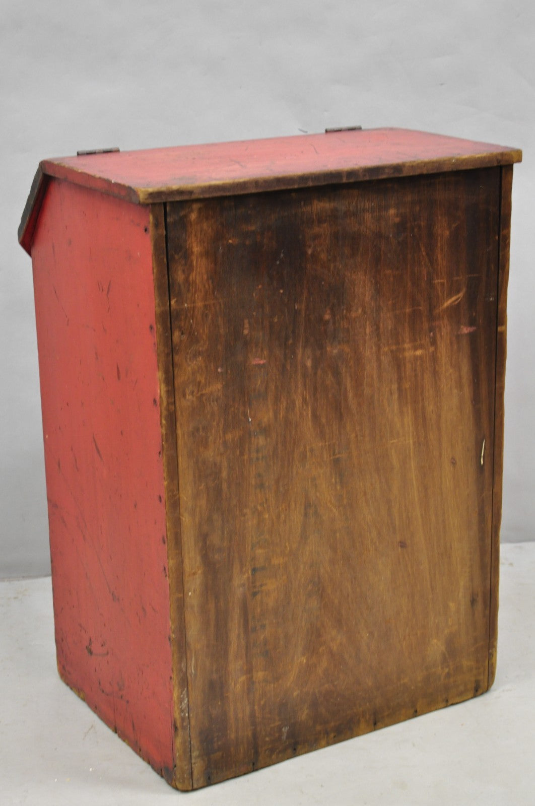 Antique British Colonial Red Painted Wooden Store Tea Coffee Bin w/ Asian Symbol