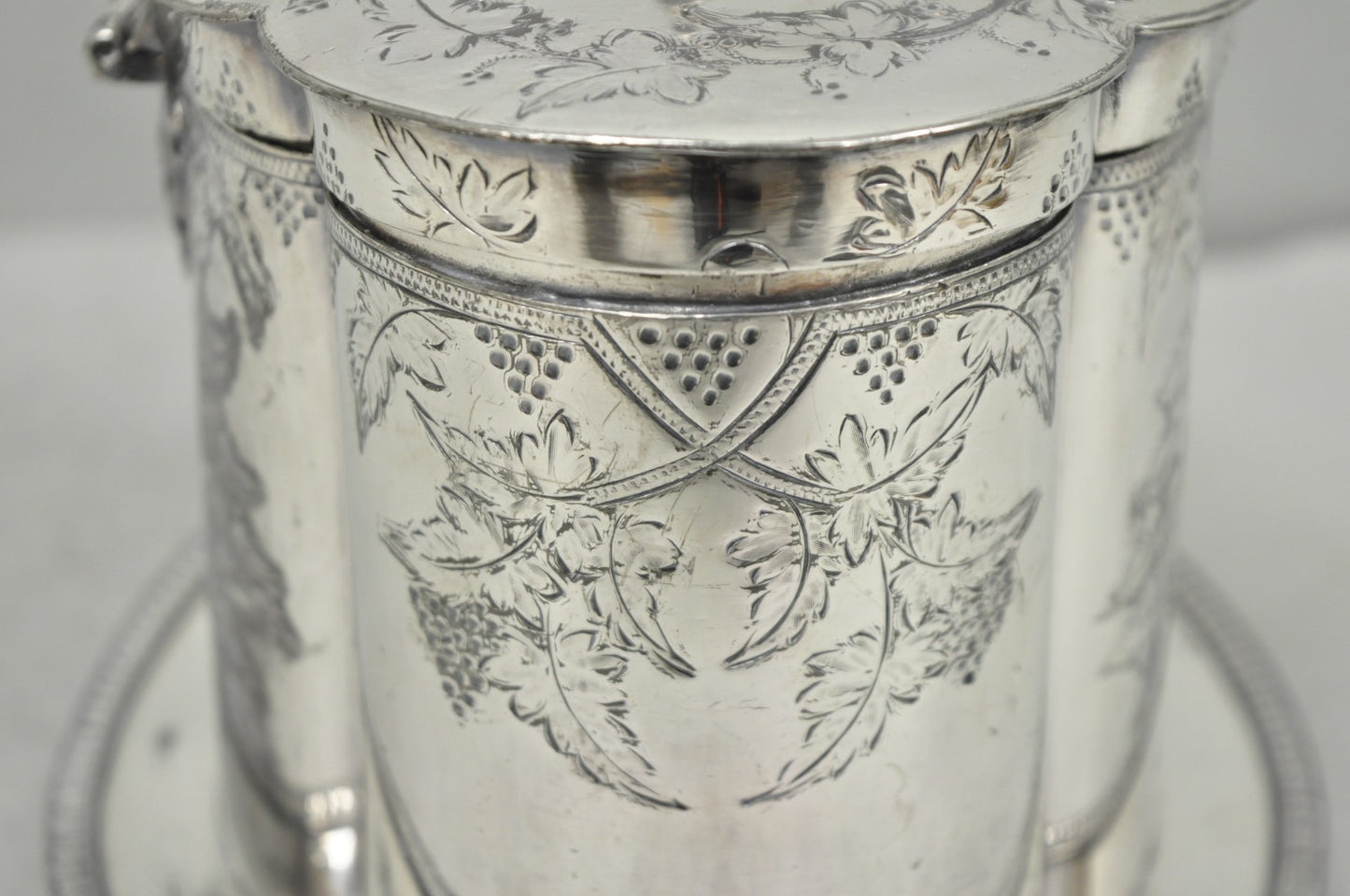 Antique Victorian Silver Plated Etched Footed Hinged Biscuit Barrel Jar on Stand