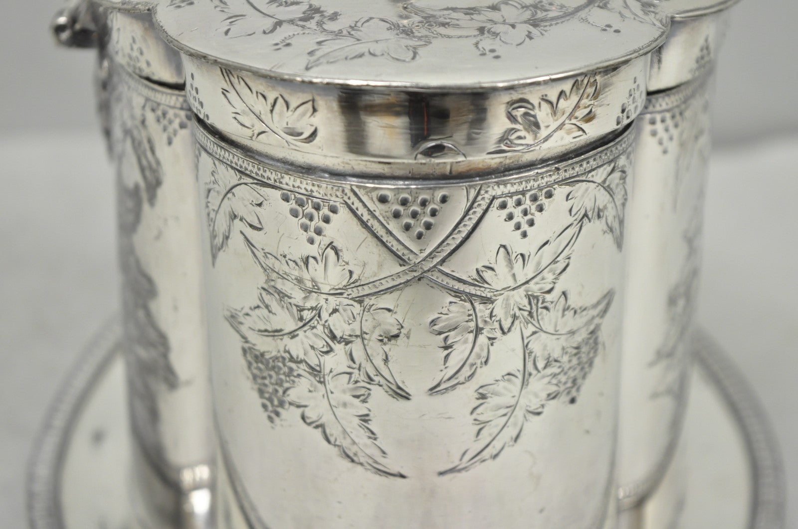 Antique Victorian Silver Plated Etched Footed Hinged Biscuit Barrel Jar on Stand