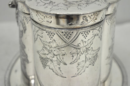 Antique Victorian Silver Plated Etched Footed Hinged Biscuit Barrel Jar on Stand