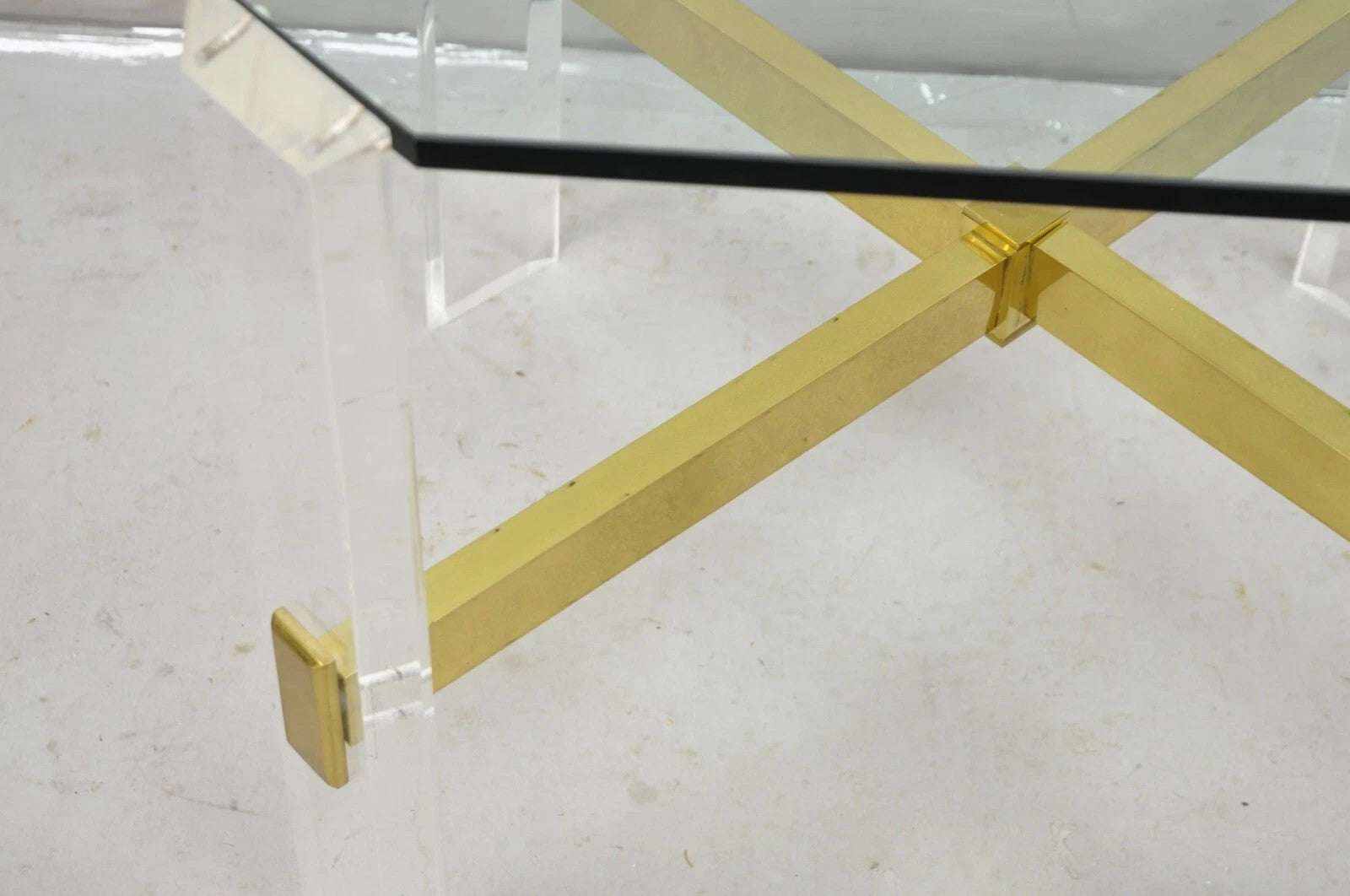 Vintage Mid Century Modern Lucite & Glass Brass Stretcher Occasional Side Table
