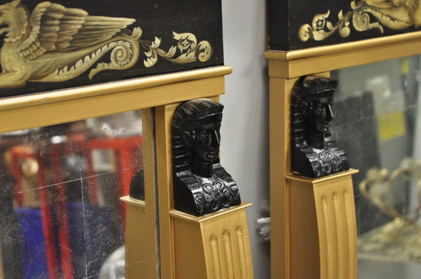 Vintage English Regency Egyptian Revival Style Sphinx Gold Wall Mirrors - a Pair