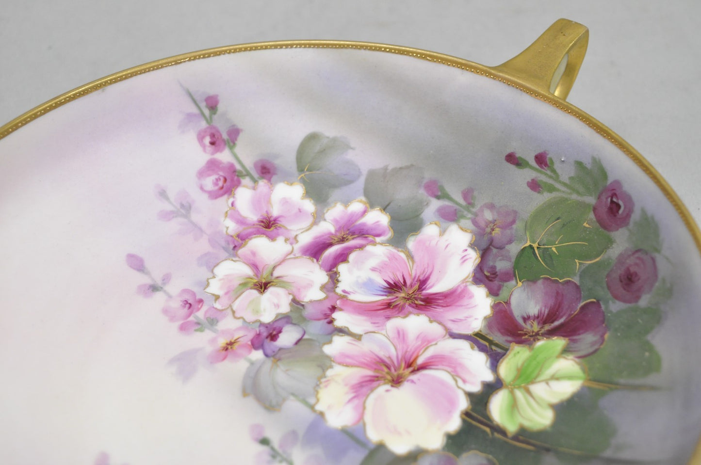 Antique Nippon Hand Painted Pink Wisteria Flower Porcelain Dish w / Handles