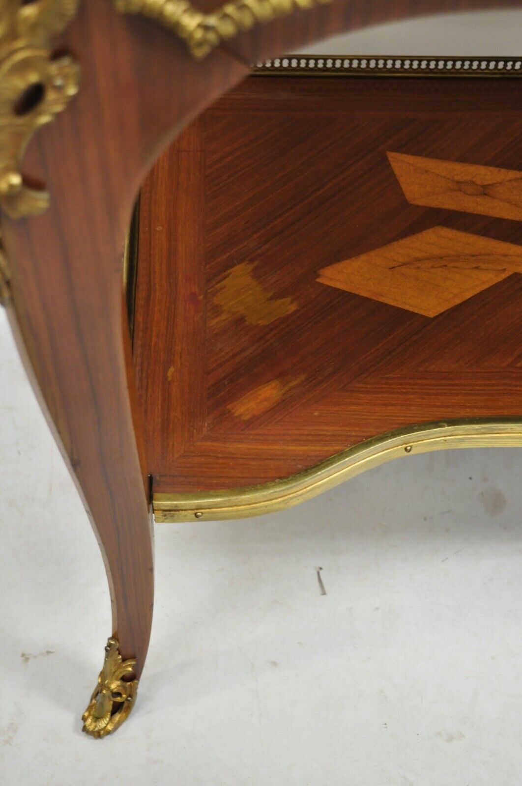Vintage French Louis XV Style Marquetry Inlay Bronze Ormolu Small Writing Desk