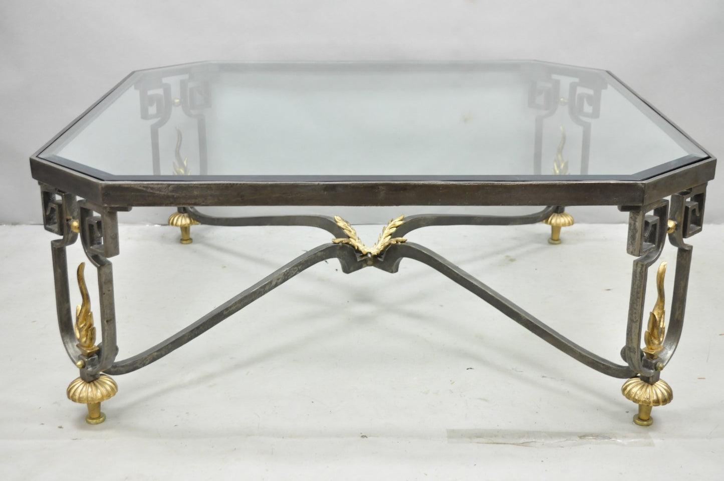 Vintage French Neoclassical Large Wrought Iron & Glass "Flame" Coffee Table