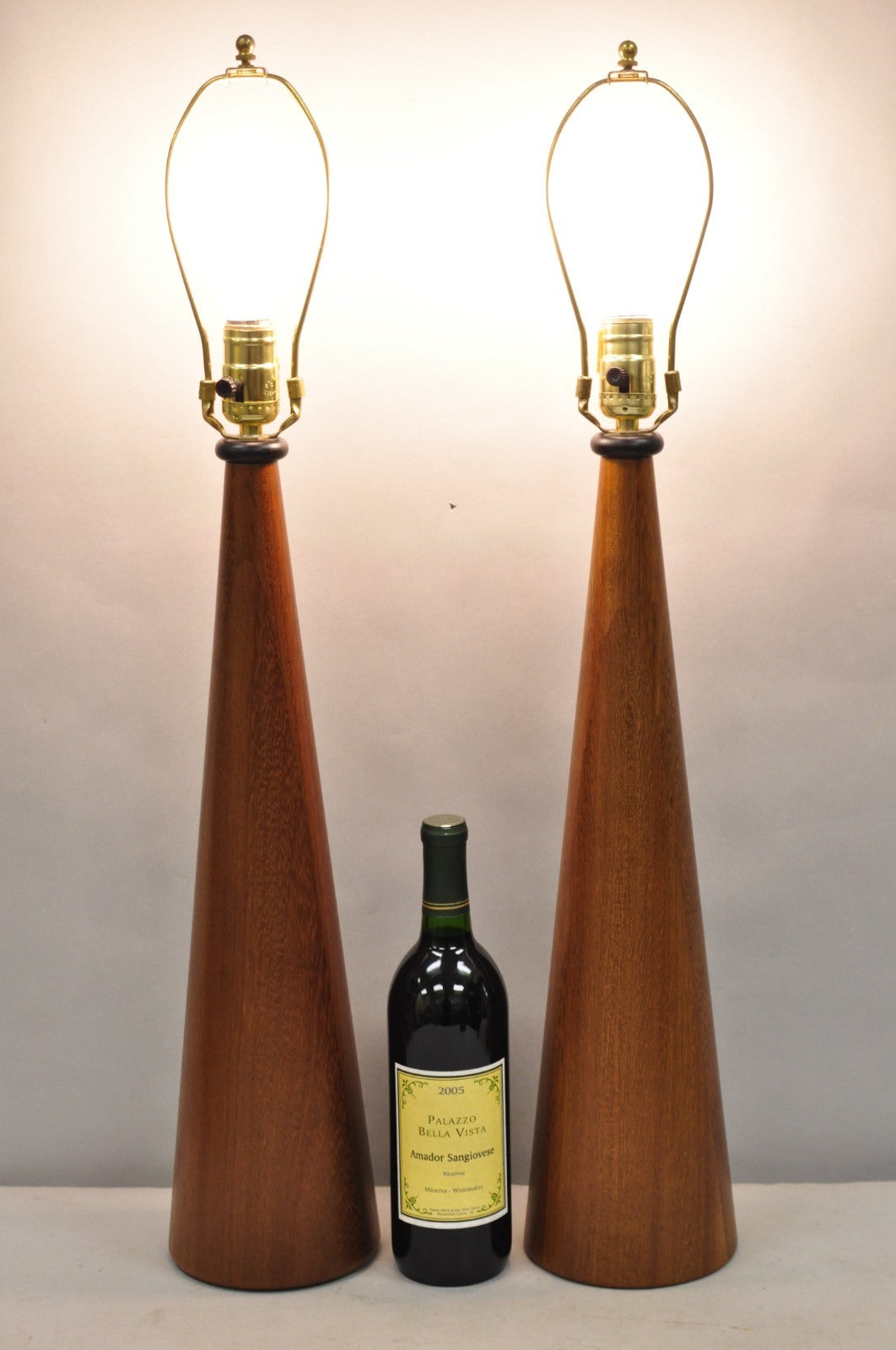 Vintage Mid Century Modern Staved Teak Wood Cone Shaped Table Lamps - a Pair