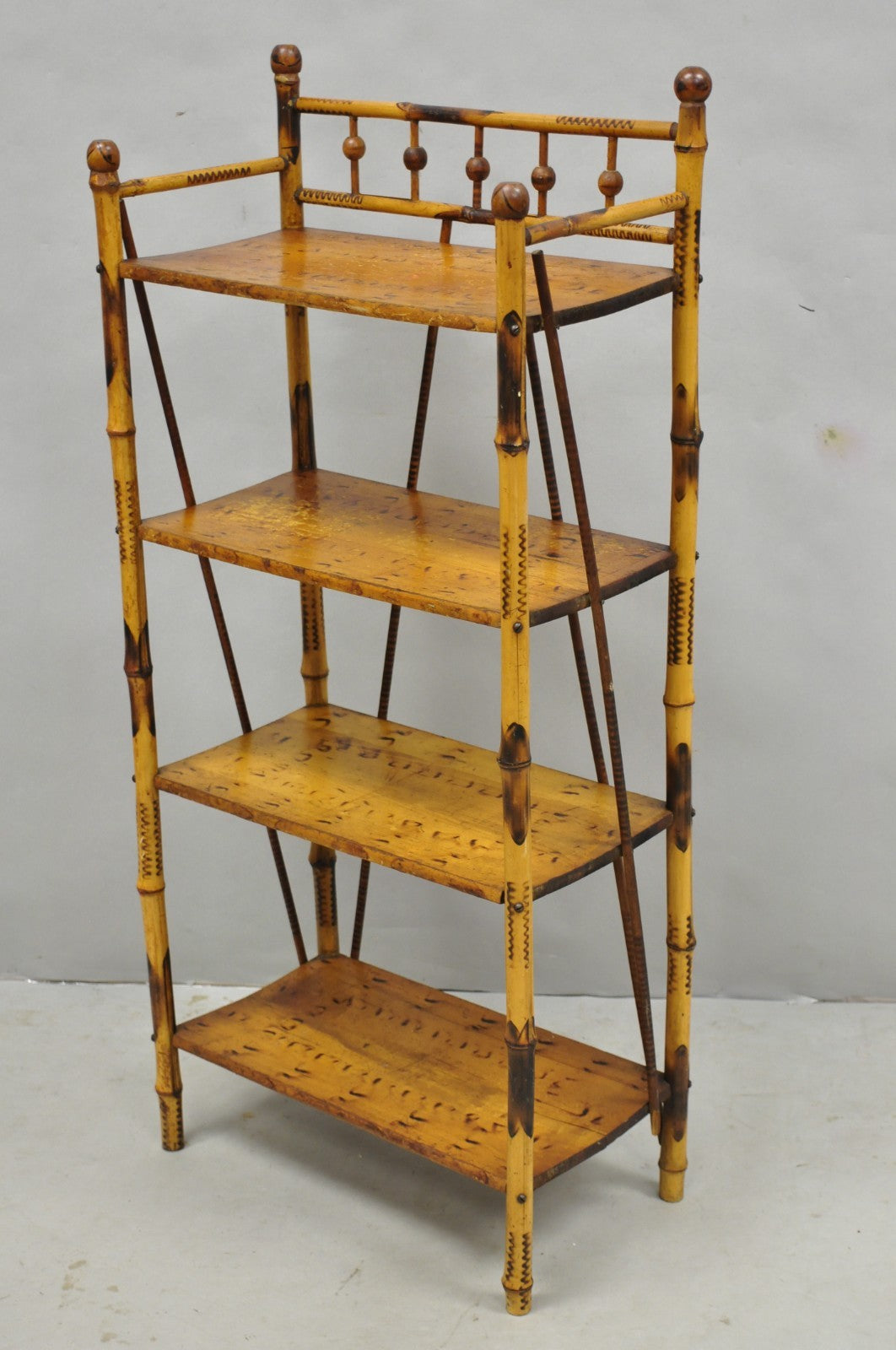 Antique English Victorian Burnt Bamboo Stick & Ball Small Bookcase Curio Shelf