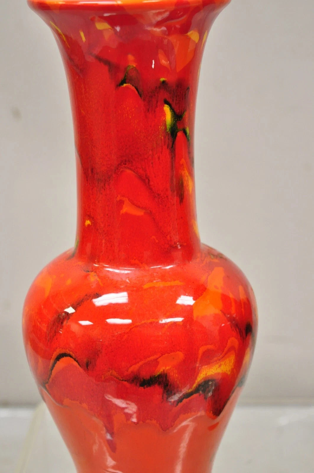 Vintage Red Lava Drip Glazed Mid Century Modern Ceramic Pottery Vessel Vase Pair