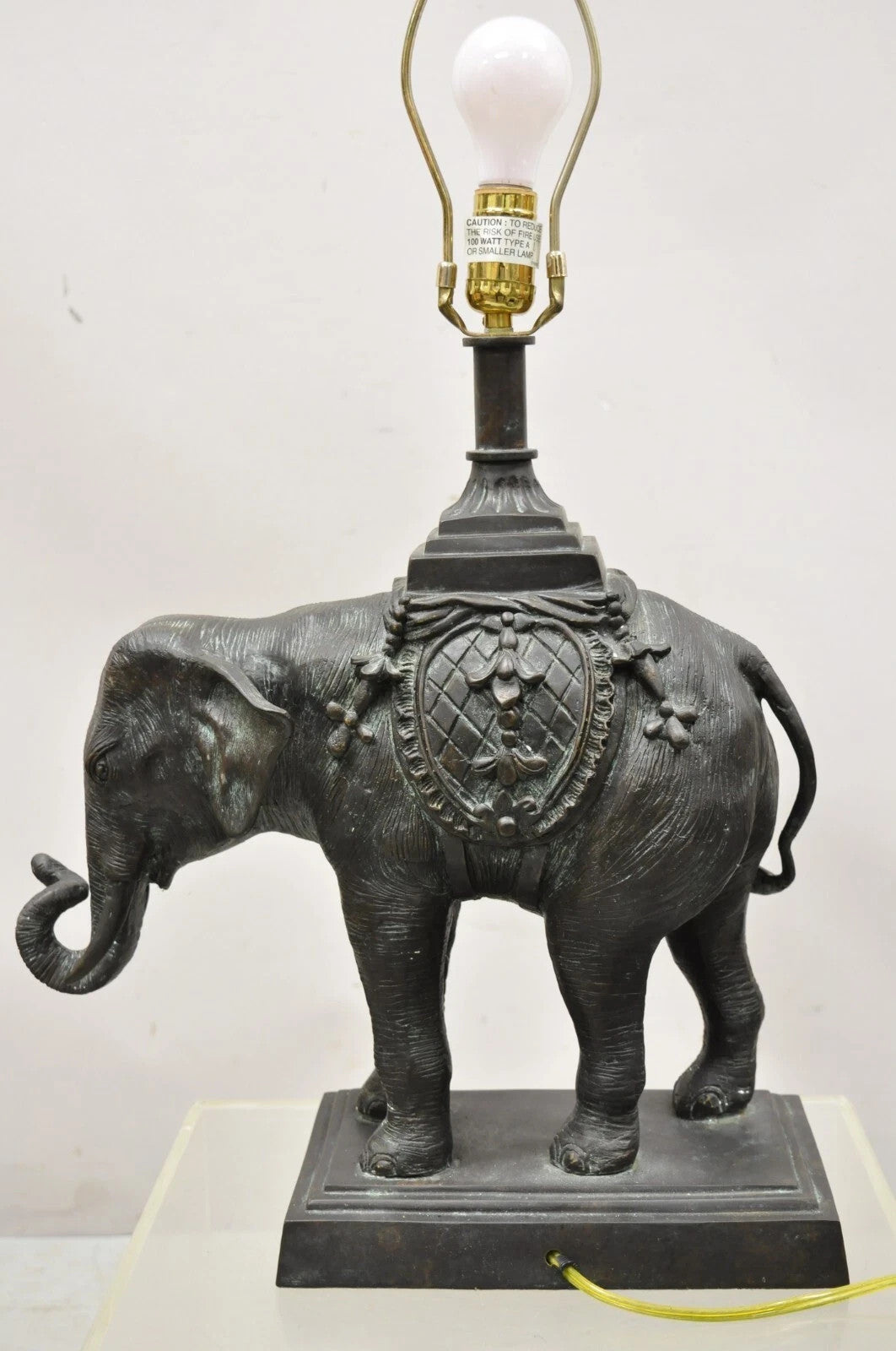 Maitland Smith Bronze Figural Elephant Table Lamp Faux Tooled Leather Shade (A)