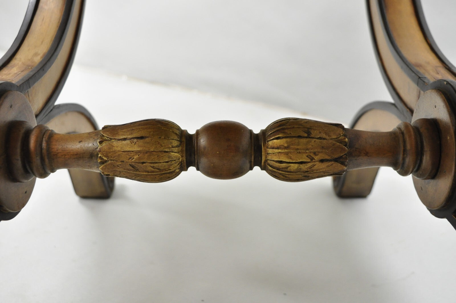 Vintage Italian Regency Style Curule Carved Walnut Upholstered X-Bench Stool