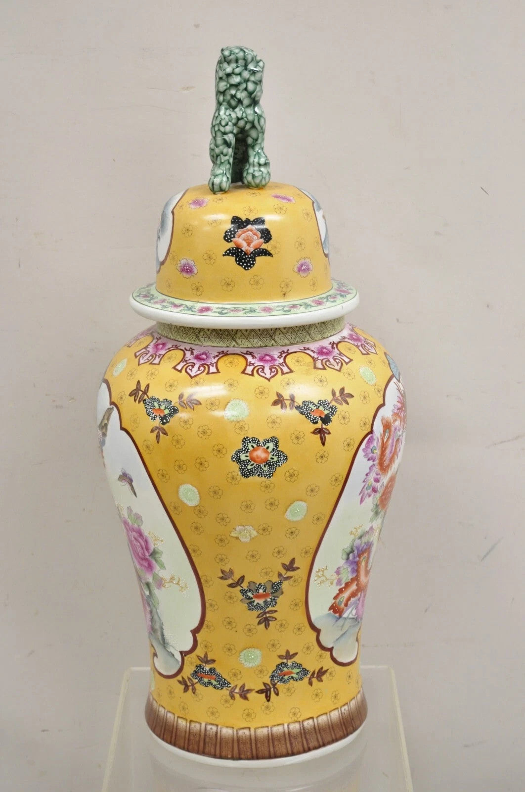 Vintage Chinese Porcelain Large Foo Dog Covered Temple Urns Ginger Jars - a Pair
