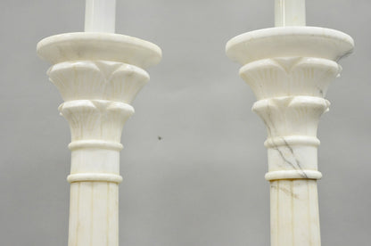 Vintage Italian Neoclassical White Carved Marble Empire Column Table Lamp Pair
