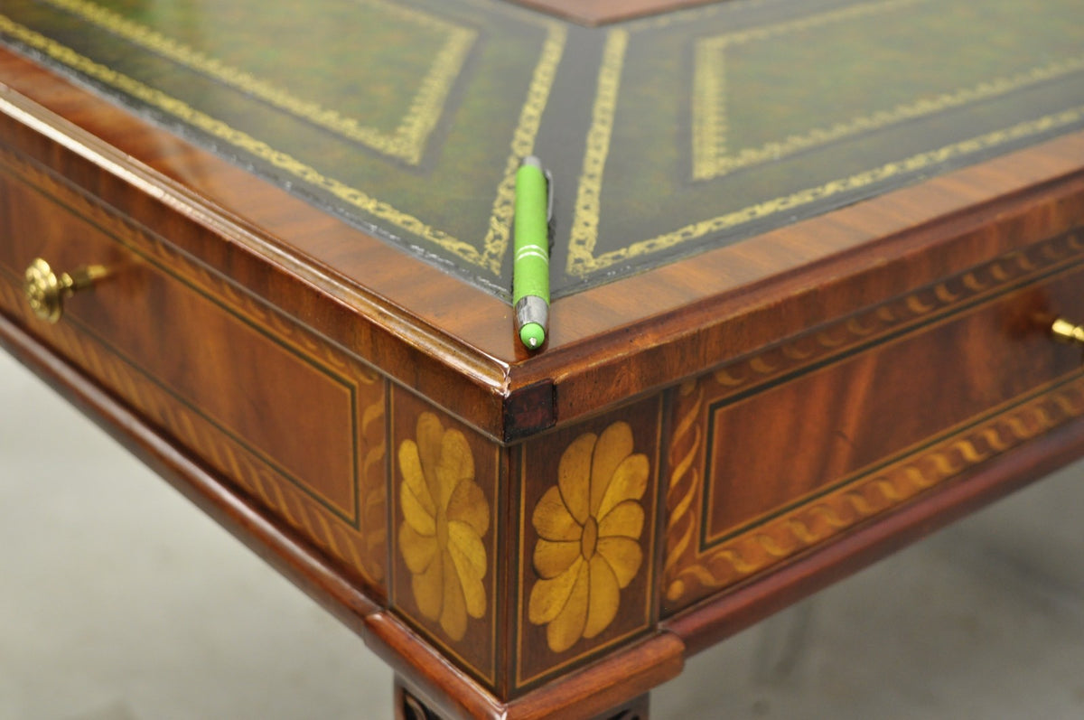 Maitland Smith Marquetry Inlay Leather Mahogany Game Table & 4 Shield Back Chair