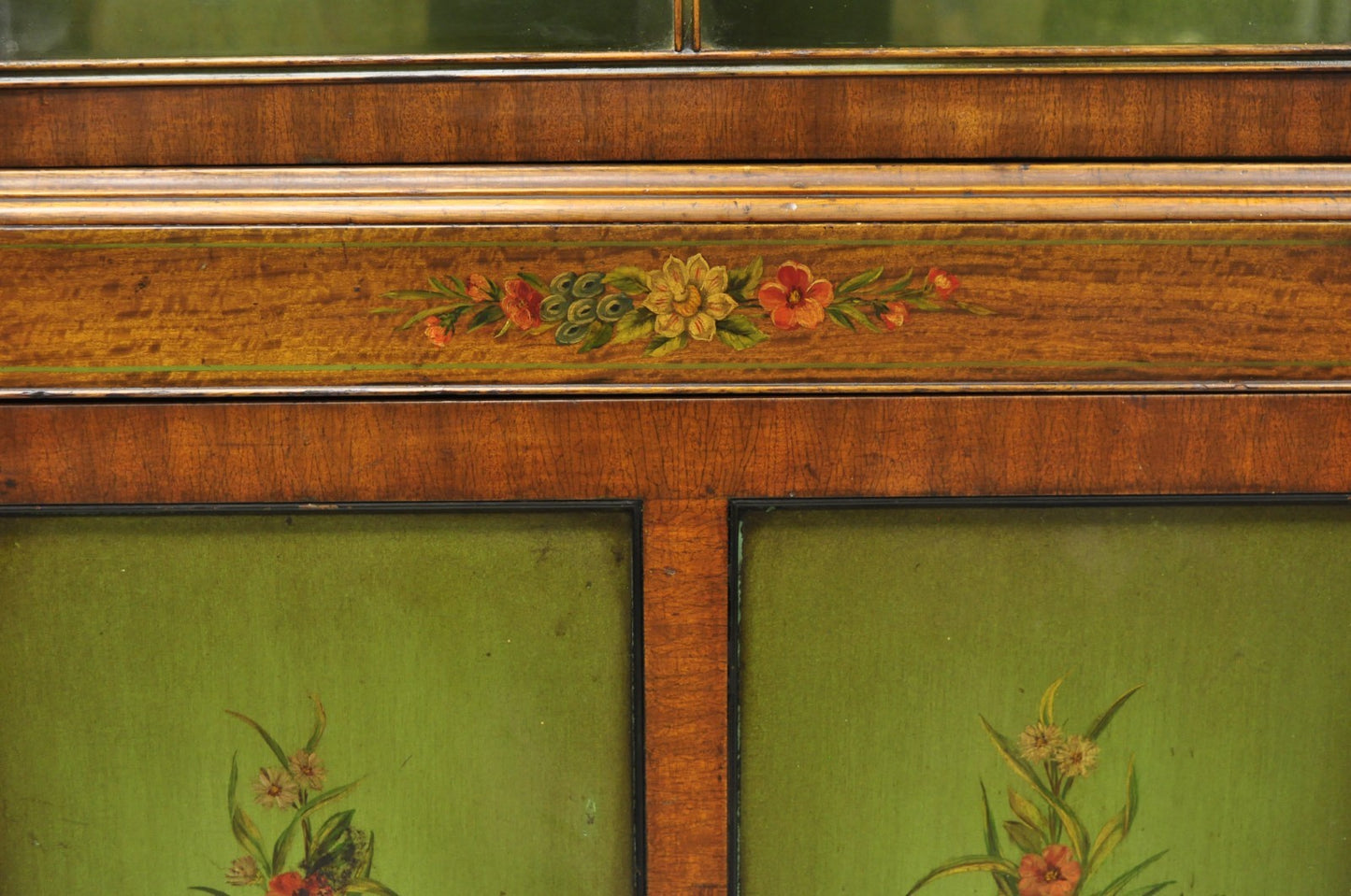 Antique English Adams Style Green Hand Painted Narrow Corner China Cabinet