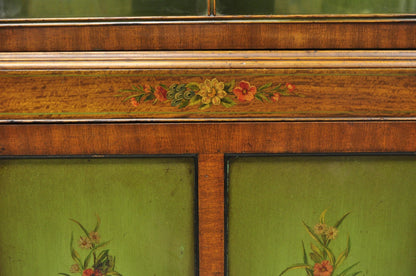 Antique English Adams Style Green Hand Painted Narrow Corner China Cabinet