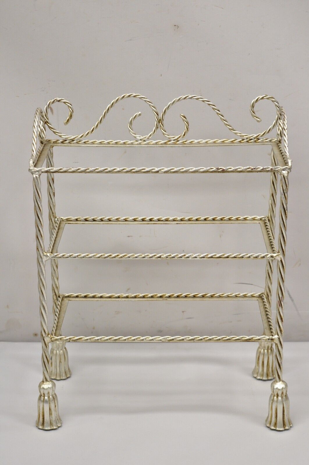 Italian Hollywood Regency Silver Leaf Gilt Iron 3 Tier Shelf Small Display Stand