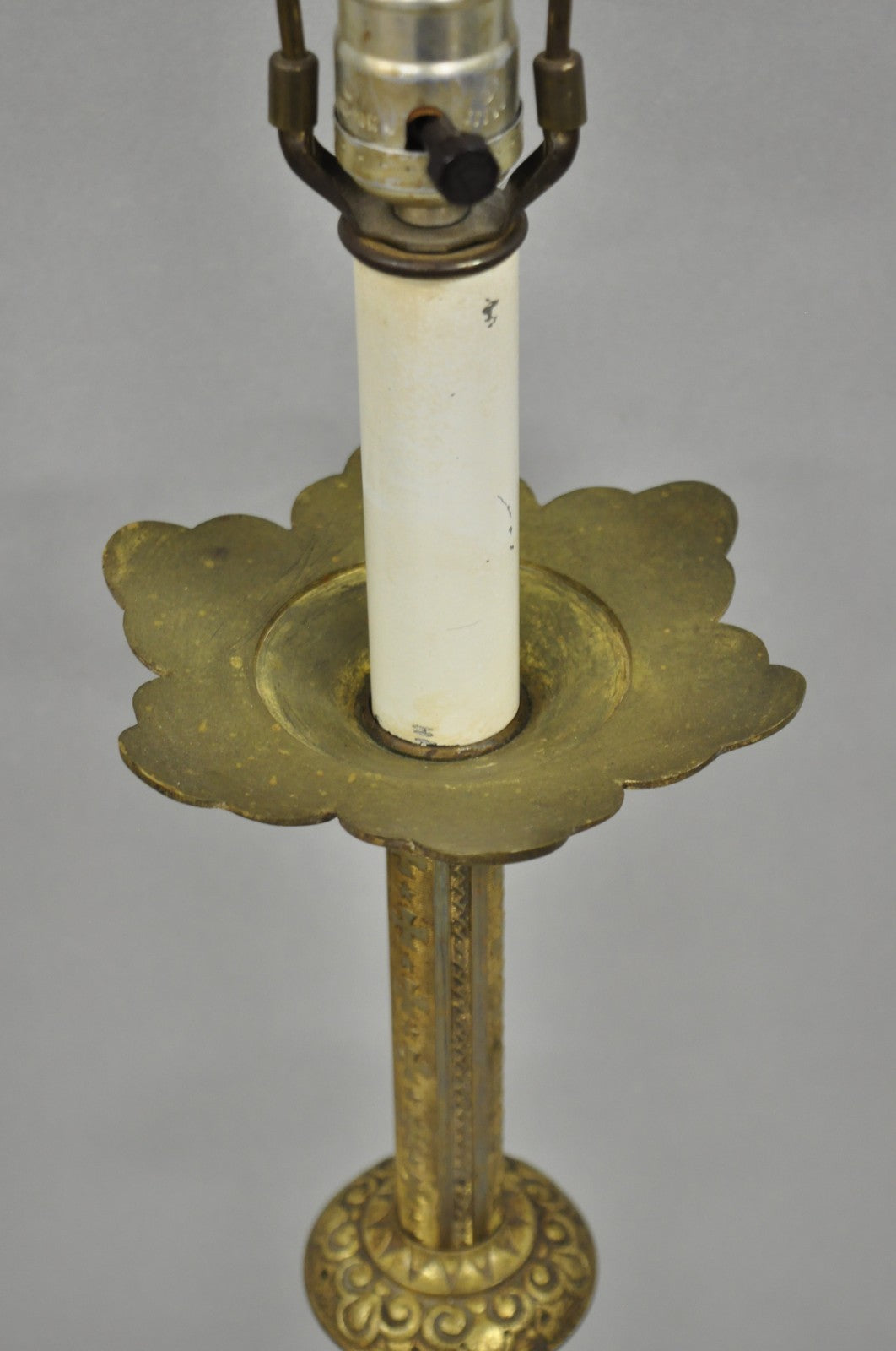 Antique French Renaissance Brass Religious Church Candlestick Table Lamp