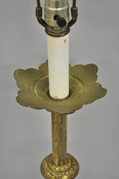 Antique French Renaissance Brass Religious Church Candlestick Table Lamp