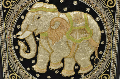 Framed Beaded Embroidered Elephant Padded Tapestry Indian Wall Art - a Pair