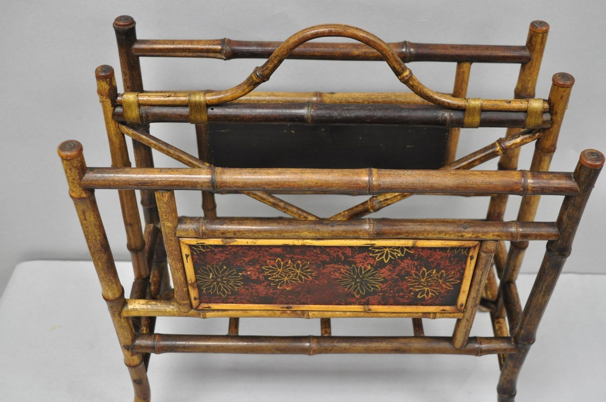 Antique English Victorian Bamboo Fretwork Canterbury Magazine Rack Stand
