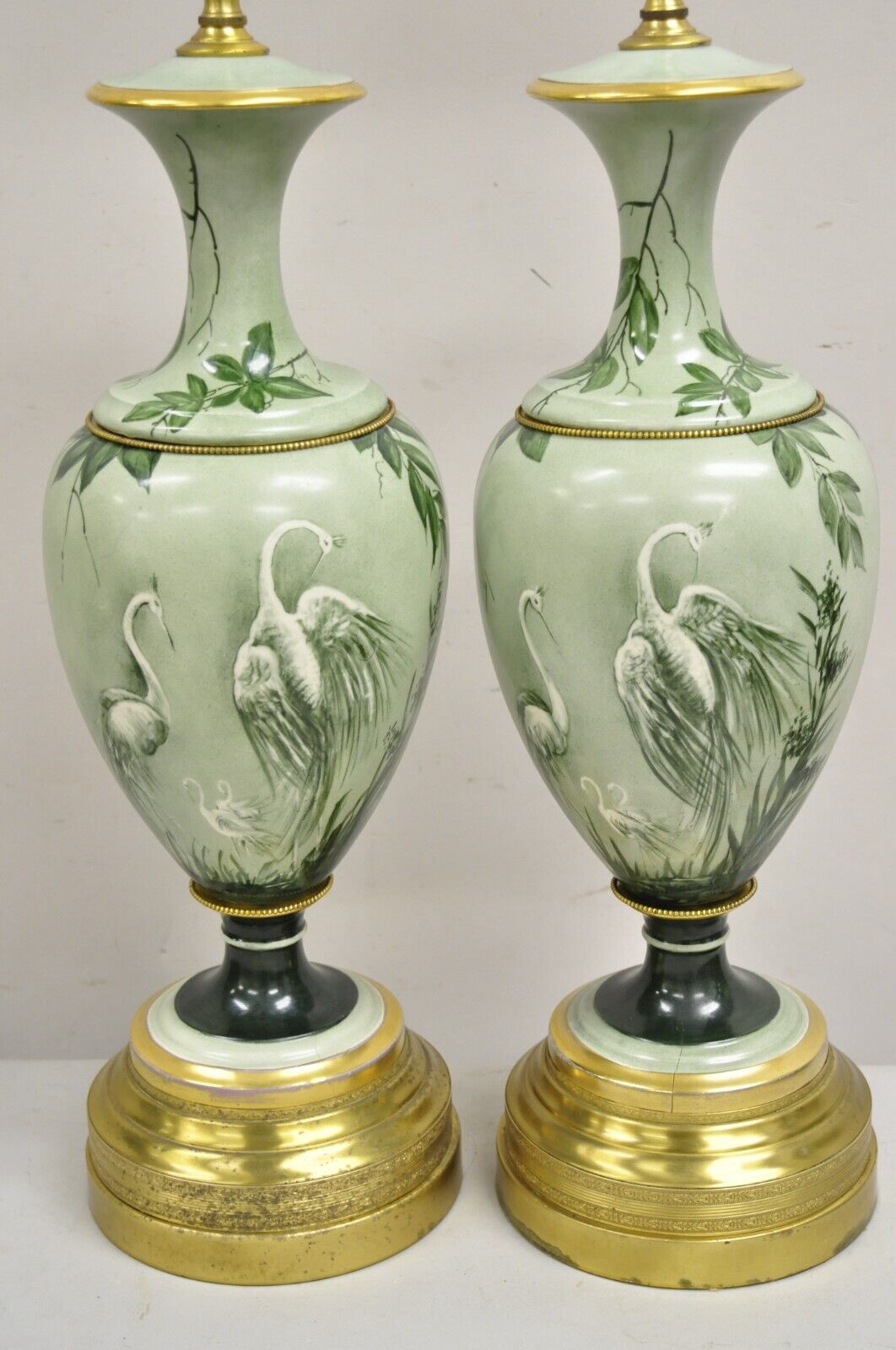 Antique French Hand Painted Porcelain "Cranes" Bird Green Urn Table Lamps - Pair