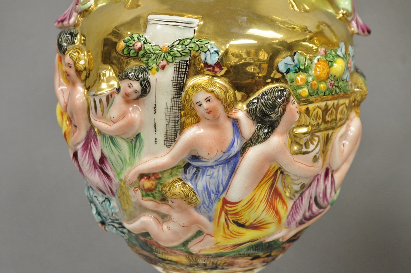Antique Capodimonte Figural Porcelain Twin Handle Urn Gold Vase Table Lamps Pair