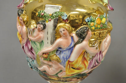 Antique Capodimonte Figural Porcelain Twin Handle Urn Gold Vase Table Lamps Pair