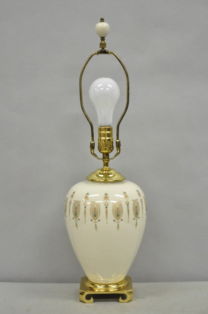 Lenox USA Vintage Porcelain and Brass Cream Jardinierie Decorated Table Lamp